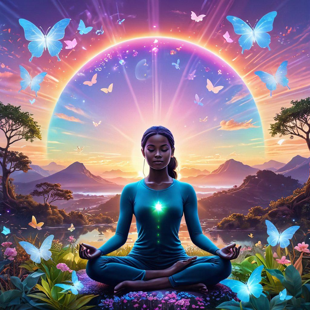 A serene figure meditating in a lush, digital landscape surrounded by glowing social media icons and light rays symbolizing connection and positivity. Soft pastel colors create a calming atmosphere, with hints of technology integrated into nature like pixel flowers and shimmering holographic butterflies. The background features a sunrise, representing hope and growth in the digital world. vibrant colors. nature-inspired digital art.