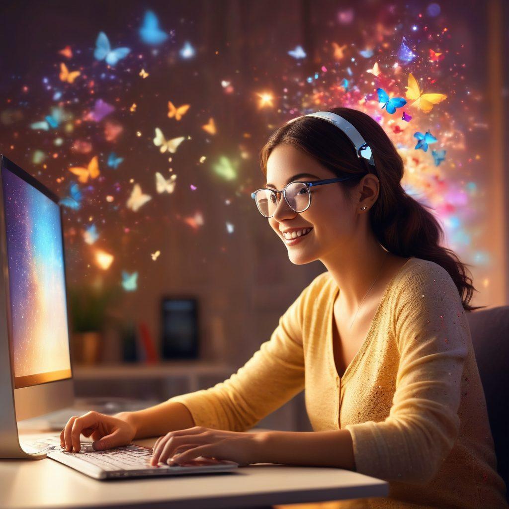 A serene individual sitting at a computer, surrounded by glowing digital elements symbolizing joy and happiness, such as colorful butterflies and sparkling stars emanating from the screen. Incorporate warm, inviting colors and a sense of tranquility in the workspace. The backdrop should feature abstract representations of social media icons transformed into joyful symbols like hearts and smiley faces. super-realistic. vibrant colors. soft focus.