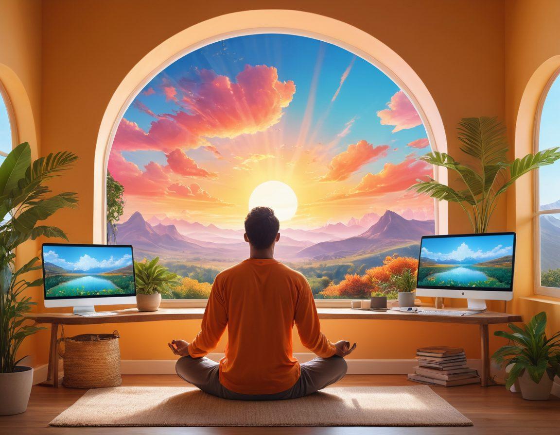A serene digital landscape featuring a person meditating in front of a computer screen displaying vibrant, uplifting content. Surround them with soft glowing visuals of positive affirmations, nature scenes, and calming colors that invoke a sense of peace. Include elements like plants and sunlight filtering through a window to symbolize growth and digital well-being. super-realistic. vibrant colors. soothing atmosphere.